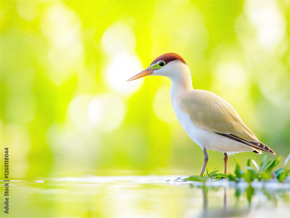 Fototapeta premium A striking egret stands in shallow water, its delicate plumage glowing under warm sunlight. The vibrant yellow-green background adds a dreamy, ethereal atmosphere.