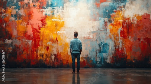facing my faith young man standing in front of an abstract painted wall rear view