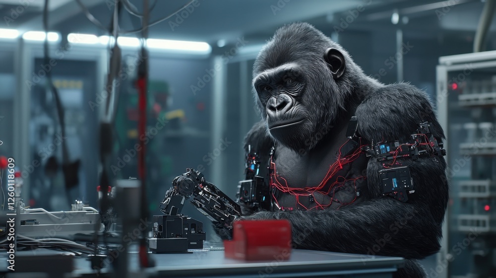 Fototapeta premium Robotic Gorilla With Neural Implants Engaged in Technological Experimentation