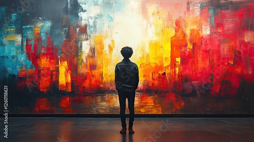 facing my faith young man standing in front of an abstract painted wall rear view