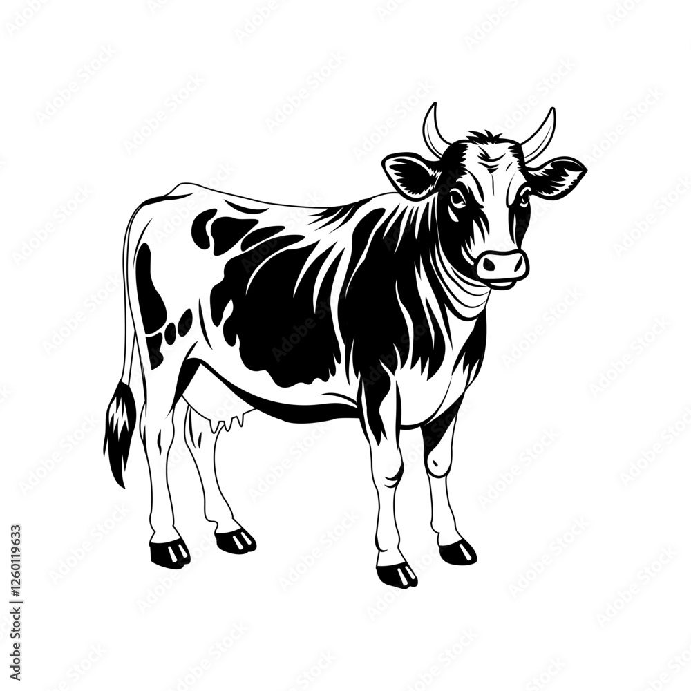 A black and white vector linocut-stile illustration featuring a cow A black and white vector linocut-stile illustration featuring a cow