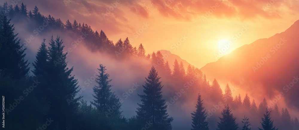 Fototapeta premium Serene sunrise illuminating foggy forested mountain slope with warm orange, pink hues and dark green pine silhouettes in lower half of image.