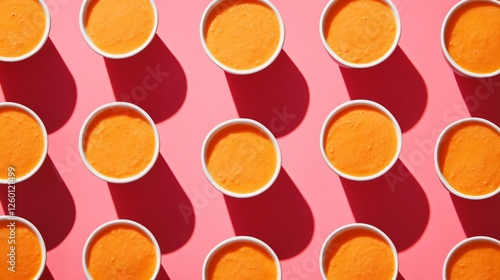 A top-down view of carrot-orange smoothies in small bowls, arranged in a geometric pattern on a monochrome background