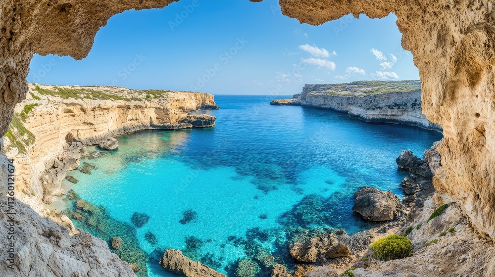 Fototapeta premium A hidden cove on an island, where towering limestone cliffs frame a crystal-clear blue lagoon.