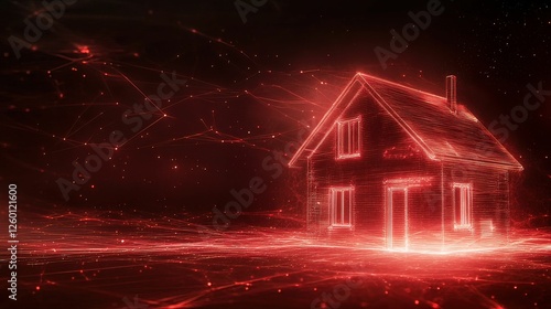 Cyberattack visualization glowing red streams invade digital home tech landscape graphic futuristic viewpoint security concept