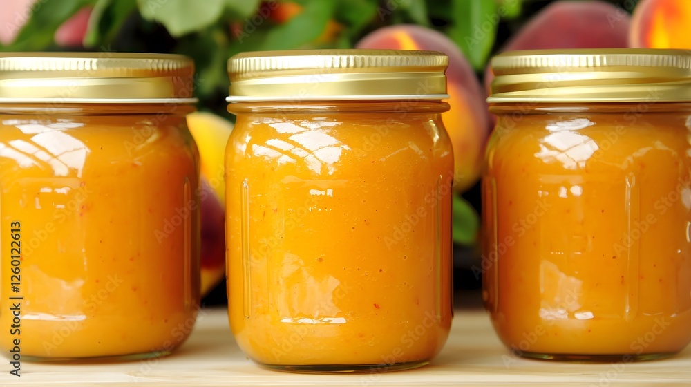 Fresh Peach Jam in Glass Jars with Ripe Peaches in Background Fresh Peach Jam in Glass Jars with Ripe Peaches in Background