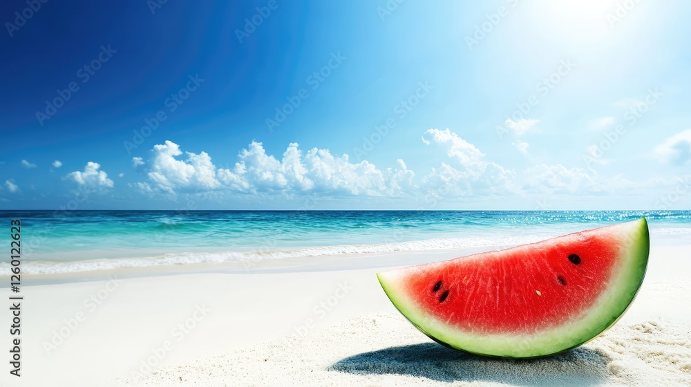 A juicy slice of watermelon on a white sandy beach, symbolizing summer refreshment and relaxation. A juicy slice of watermelon on a white sandy beach, symbolizing summer refreshment and relaxation.