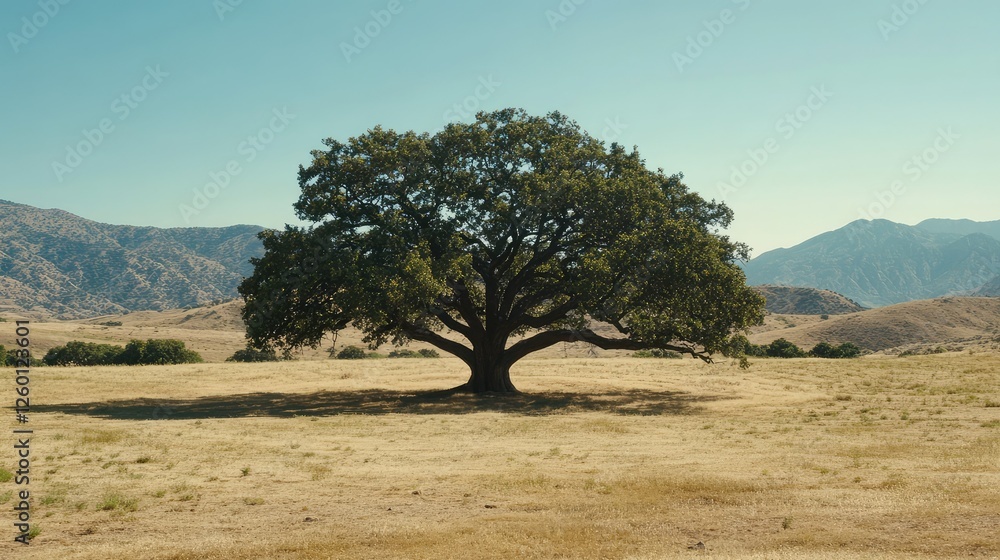 Obraz premium A large tree with wide-reaching branches in the middle of an empty field, ideal for promotional content.