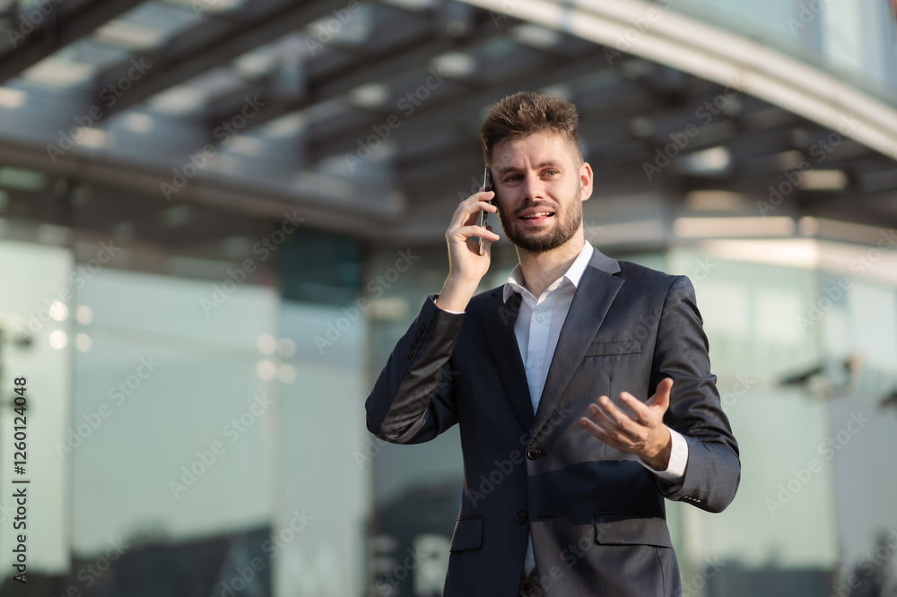 young businessman commuting to work, talking on his mobile phone in a bustling city. Urban lifestyle, career success, and professional communication. young businessman commuting to work, talking on his mobile phone in a bustling city. Urban lifestyle, career success, and professional communication.