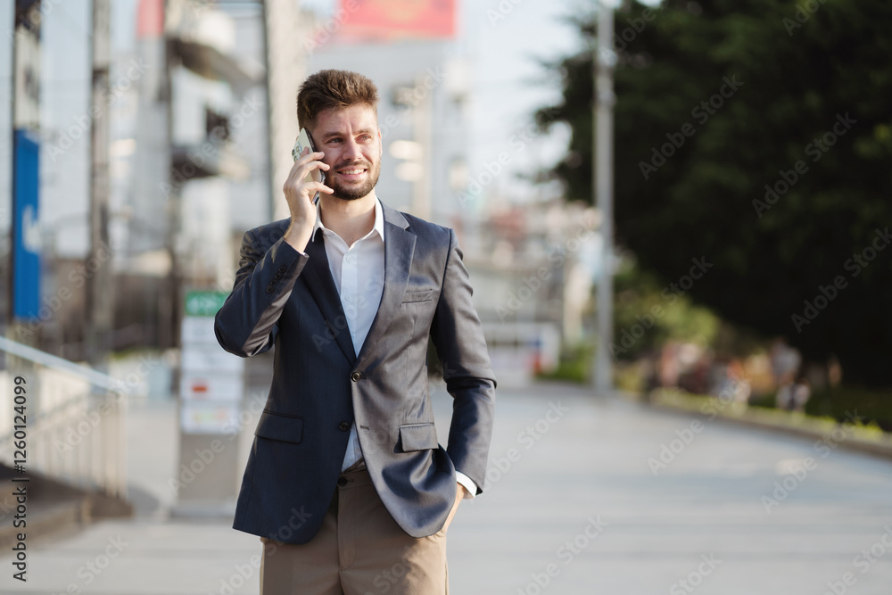 young businessman commuting to work, talking on his mobile phone in a bustling city. Urban lifestyle, career success, and professional communication. young businessman commuting to work, talking on his mobile phone in a bustling city. Urban lifestyle, career success, and professional communication.