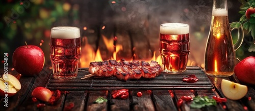 Delicious barbecue platter with grilled meat on wooden table, two frothy beer mugs, red apples, green herbs, and a warm fire background.