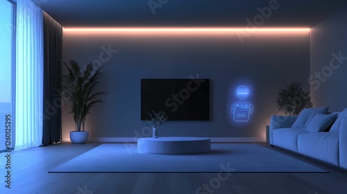 Smart home interior design showcase modern living room digital devices contemporary atmosphere evening ambiance connectivity concept
