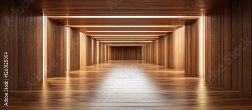 Spacious wooden corridor featuring warm wooden walls and floor with bright ceiling lights illuminating the length of the passageway.