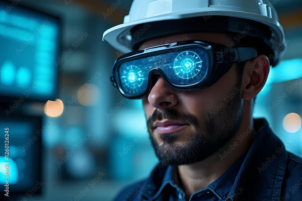 Innovative worker wearing smart glasses in high tech environment Innovative worker wearing smart glasses in high tech environment