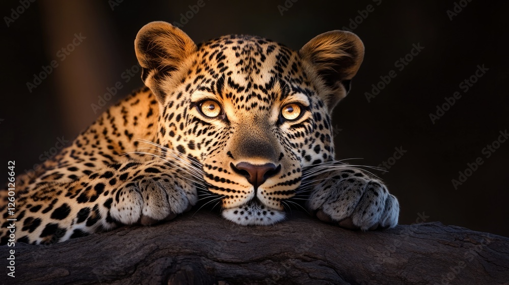 Fototapeta premium Majestic leopard rests on rock, showcasing striking spots and in