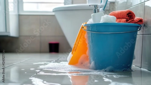 Bathroom cleaning scene with bucket and soap photo