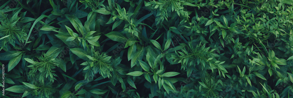 Wild dark green undergrowth with rough textures and tall grasses in a natural setting Wild dark green undergrowth with rough textures and tall grasses in a natural setting