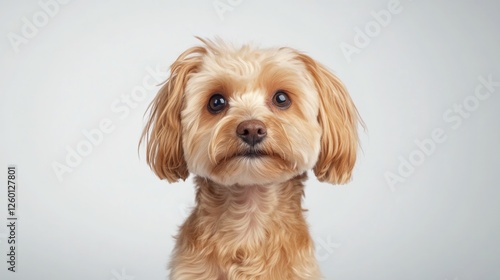 Fluffy dog with expressive eyes gazes curiously, showcasing uniq photo