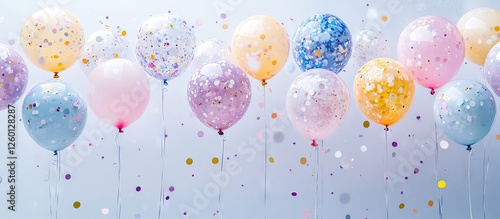 Colorful party balloons in pastel pink, blue, yellow, and purple with confetti on a light blue background, arranged in a festive manner.