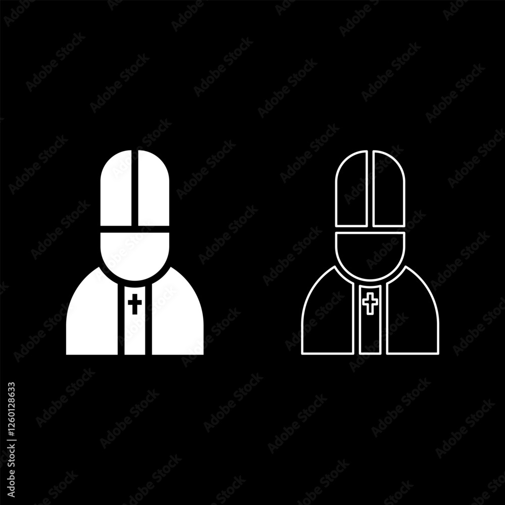 Pope catolic Man Church bishop set icon white color vector illustration image solid fill outline contour line thin flat style Pope catolic Man Church bishop set icon white color vector illustration image solid fill outline contour line thin flat style