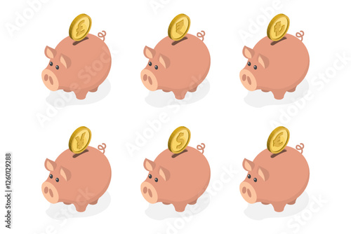 Set of piggy bank. Money box with different kind of money signs on coin. Dollar, euro, pound sterling, indian rupee, turkish lira, japanese yen. Isometric flat illustration on white background.