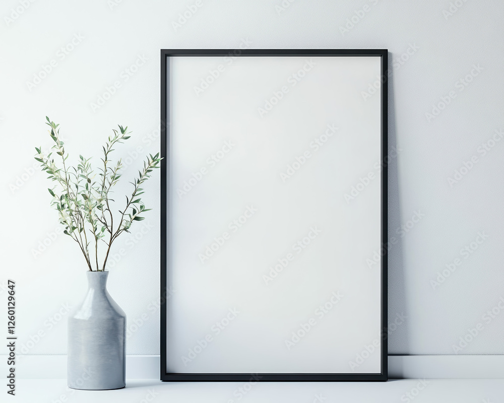 Elegant Minimalist Interior Design Photograph with Blank Poster Frame and Decorative Vase, Ideal for Mockups and Home Decor Inspiration Elegant Minimalist Interior Design Photograph with Blank Poster Frame and Decorative Vase, Ideal for Mockups and Home Decor Inspiration