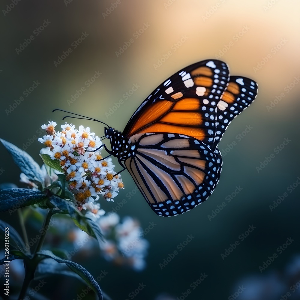 Obraz premium Monarch butterfly feeding on flower, sunset garden, nature poster