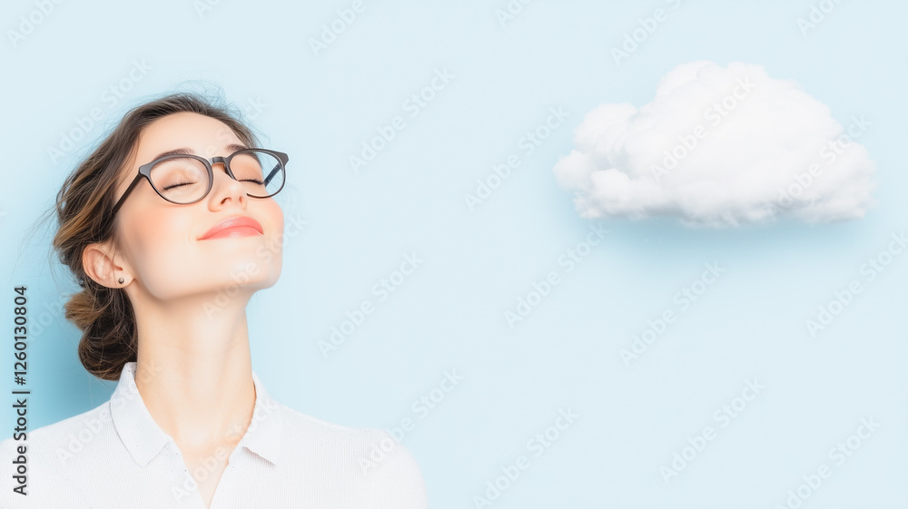 Daydreaming with a Cloud: A young woman with glasses and a serene expression looks up at a fluffy white cloud on a pale blue background, evoking a sense of tranquility and contemplation. Daydreaming with a Cloud: A young woman with glasses and a serene expression looks up at a fluffy white cloud on a pale blue background, evoking a sense of tranquility and contemplation.