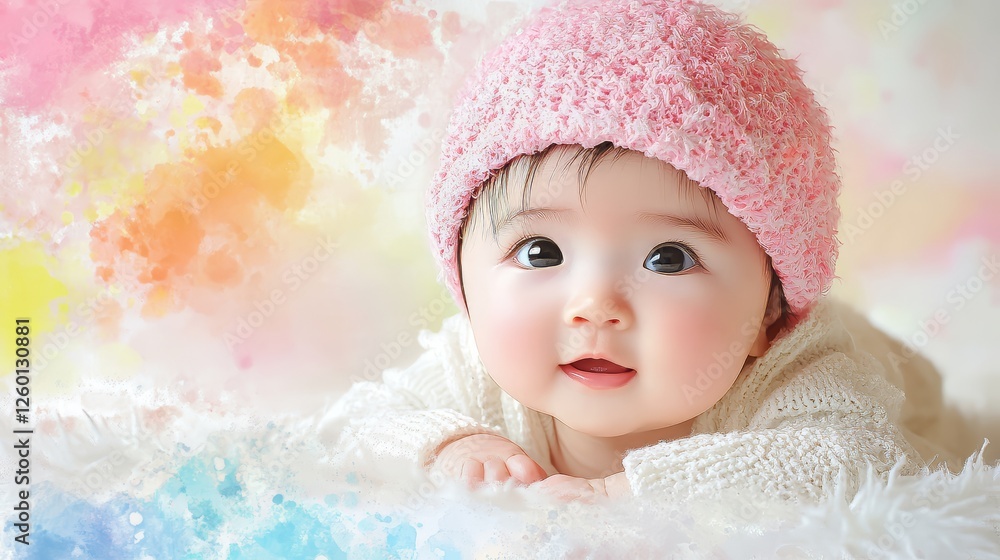 Adorable infant with dreamy eyes resting on fluffy surface amidst colors Adorable infant with dreamy eyes resting on fluffy surface amidst colors