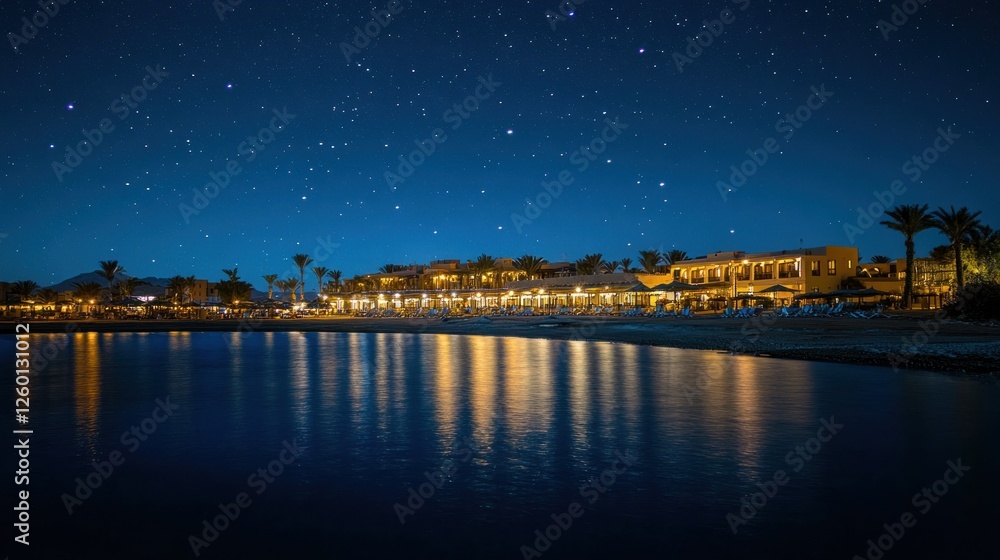 Nighttime Serenity: Starry Sky Over Illuminated Beach Resort Nighttime Serenity: Starry Sky Over Illuminated Beach Resort