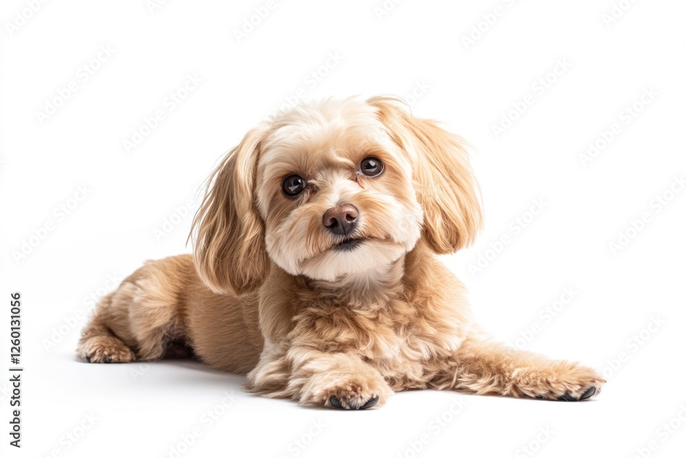 Cute fluffy dog with expressive eyes lying gracefully on white b Cute fluffy dog with expressive eyes lying gracefully on white b