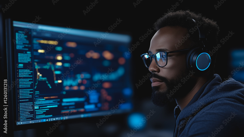 Focused Programmer: A Concentrated programmer with headphones, glasses, and a serious expression works late into the night. Focused Programmer: A Concentrated programmer with headphones, glasses, and a serious expression works late into the night.
