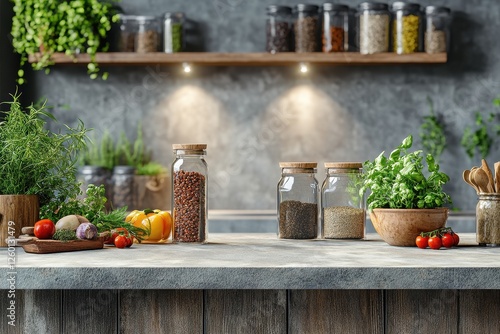 Herbs spices and vegetables adorn a rustic kitchen countertop