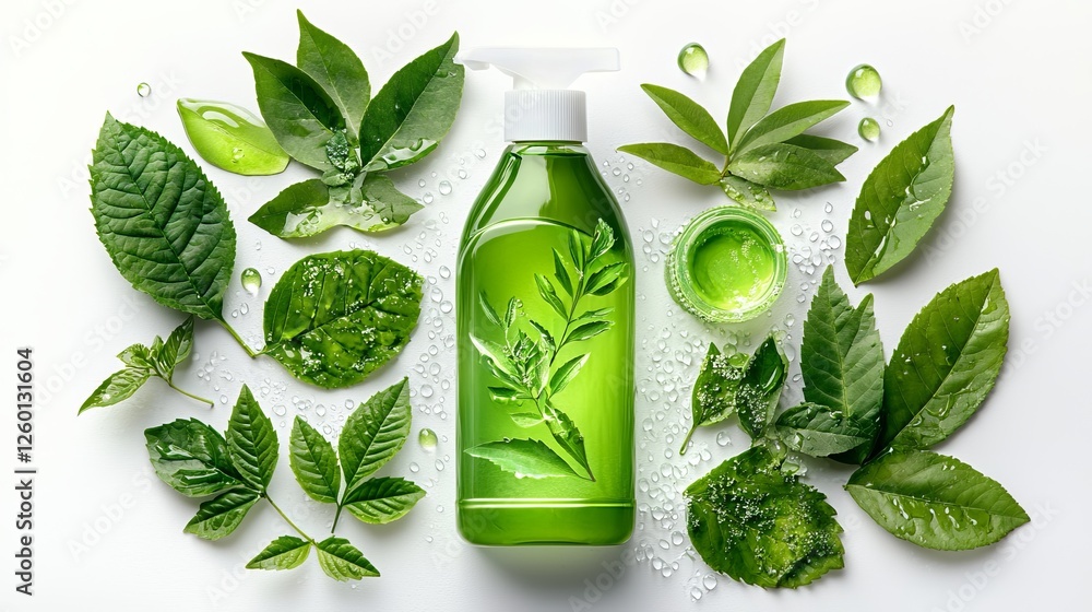 Obraz premium Green Leaf and Bottle of Liquid Soap, Natural Products, Cosmetic