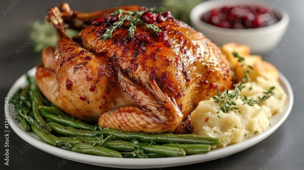 Holiday feast featuring a roasted turkey centerpiece, surrounded by mashed potatoes, green beans, and cranberry sauce Holiday feast featuring a roasted turkey centerpiece, surrounded by mashed potatoes, green beans, and cranberry sauce