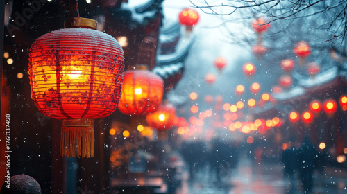 International holiday featuring a bustling street market during the Chinese New Year, with red lanterns and vibrant cultural displays photo