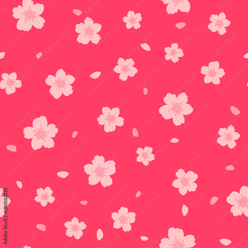 Cherry blossom seamless pattern. Vector cute spring floral print with pink sakura flowers and falling petals on red background. Natural flat texture for wrapping, fabric, decor, textile, fashion Cherry blossom seamless pattern. Vector cute spring floral print with pink sakura flowers and falling petals on red background. Natural flat texture for wrapping, fabric, decor, textile, fashion