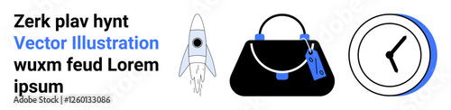 Rocket launching upward, handbag with attached tags, and simple clock design. Ideal for business, travel, retail, innovation, time management, commerce flat landing page banner