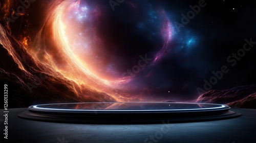 Cosmic dreamscape showcasing deep purples and fiery oranges in a celestial wonderland with open space for creative elements