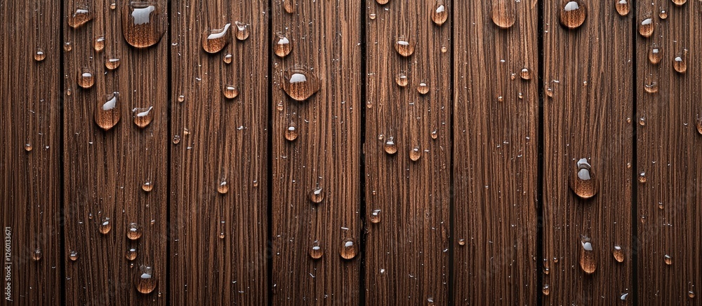 Fototapeta premium Glossy brown wooden planks with raindrops highlighting rich textures and natural beauty, positioned vertically across the image for a sleek look