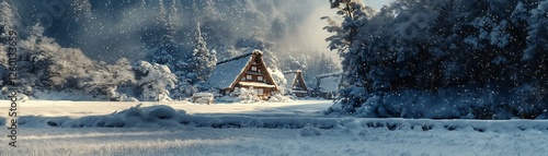 Japanese GasshoZukuri House in Snow   A steeproofed thatched house in Shirakawago, covered in thick snow, resembling a fairy tale setting photo