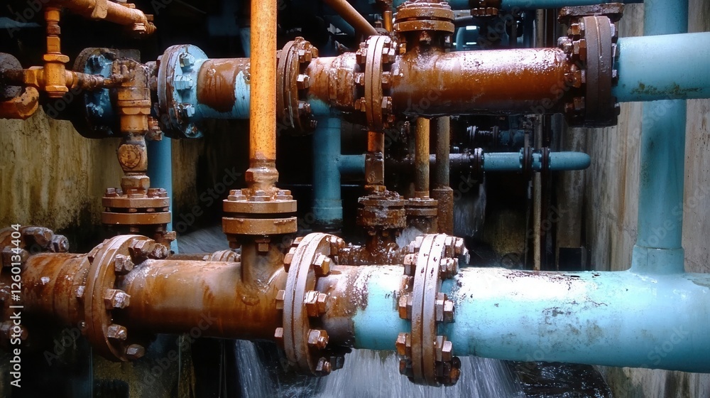 Industrial plumbing pipes and valves in factory setting. Industrial plumbing pipes and valves in factory setting.