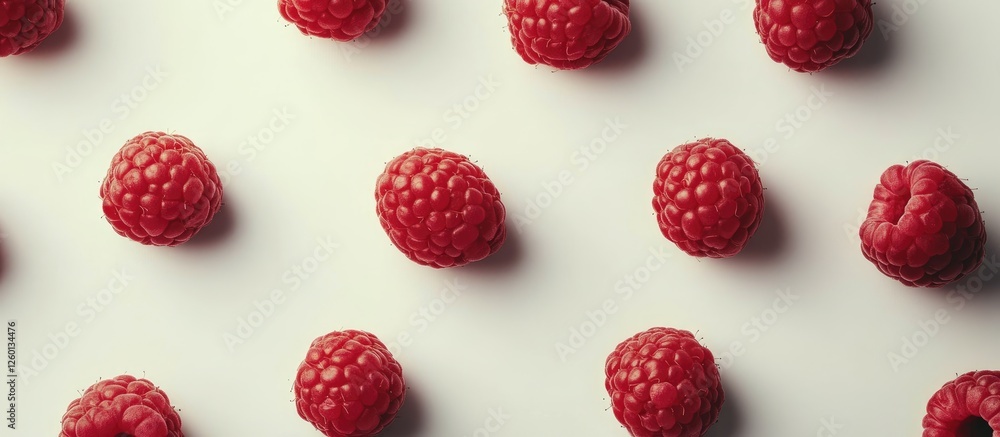 Vibrant red raspberries scattered evenly on a clean white backdrop highlighting their rich color and textured surface in an appealing arrangement Vibrant red raspberries scattered evenly on a clean white backdrop highlighting their rich color and textured surface in an appealing arrangement