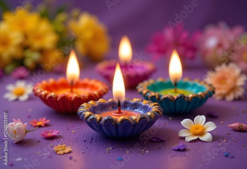 Colorful clay diya lamps with flowers on purple background 