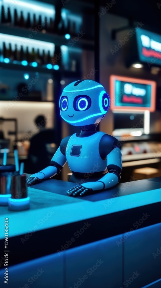 Obraz premium An AI robot sitting at the counter, highlighting AI Agents, Virtual Assistant, Conversational AI, Represents robotic automation in service