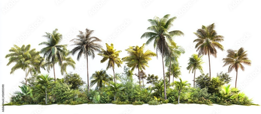 Fototapeta premium Lush tropical trees in varying shades of green and golden brown arranged in a row against a pristine white background ideal for design and advertising
