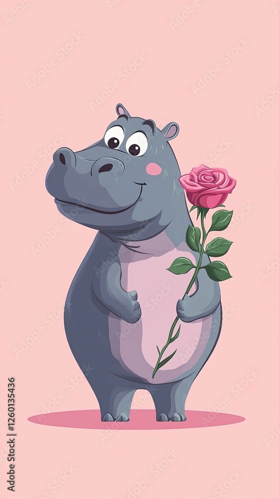 Fototapeta premium cartoon hippo holding a rose