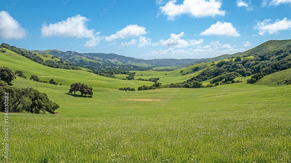 A lush green landscape with rolling hills, vibrant grass, and a bright blue sky, leaving ample copy space in the center for text A lush green landscape with rolling hills, vibrant grass, and a bright blue sky, leaving ample copy space in the center for text