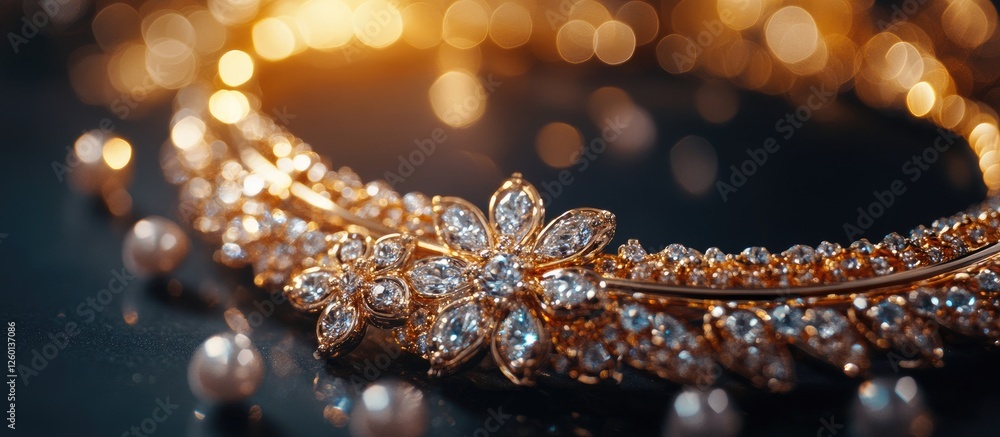 Elegant golden necklace with floral design and sparkling diamonds placed on a dark surface with soft warm lighting highlighting the gems. Elegant golden necklace with floral design and sparkling diamonds placed on a dark surface with soft warm lighting highlighting the gems.