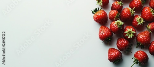 Vibrant ripe strawberries scattered on a pure white background showcasing rich red tones and lush green leaves for a fresh visual appeal